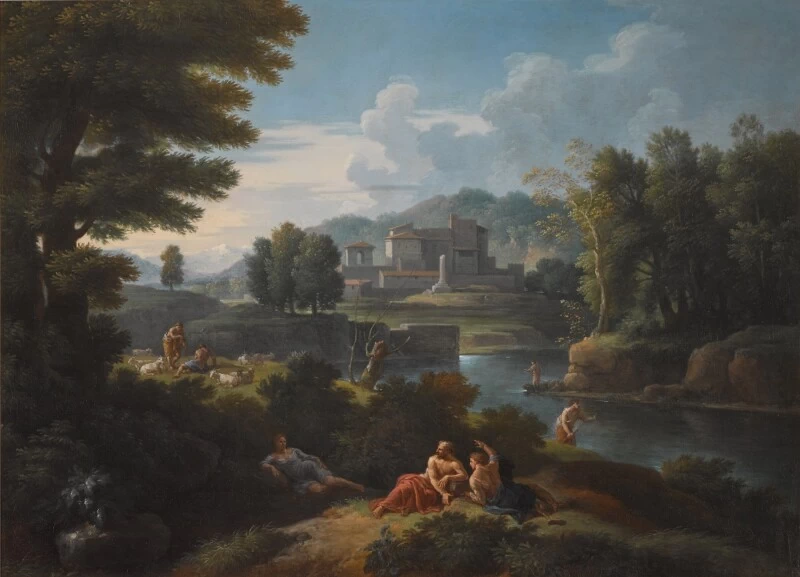 Paesaggio all'italiana con un gruppo di figure che conversano lungo un fiume